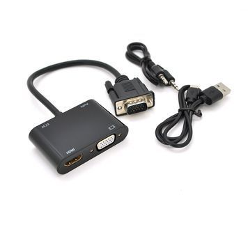Конвертер VEGGIEG V2-H VGA (тато) на VGA (мама) + HDMI (мама), 25cm, Black, Пакет DRQ-CBL-975364 фото