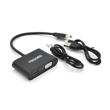 Конвертер VEGGIEG H-V1B HDMI (тато) на VGA (мама) + HDMI (мама), 25cm, Black, Пакет DRQ-CBL-720674 фото