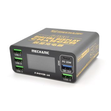 Зарядна станція з цифровою індикацією MECHANIC F-Power 6S, PD3.1-5В4А, 9В2.2A, 12В1.67А, 15В3А, 20В2,25А, QC-3 .4*USB-A. 220V/50W. 197*151*68mm DRQ-CHG-406119 фото
