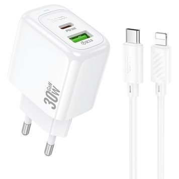 Набір СЗУ HOCO CS55A + Type-C/Lighting кабель, 1xUSB+1xUSB-C, PD30W+QC3.0, кабель 1м, White, Box DRQ-CHG-539887 фото